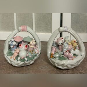 Vintage Porcelain Pigs in a Basket
